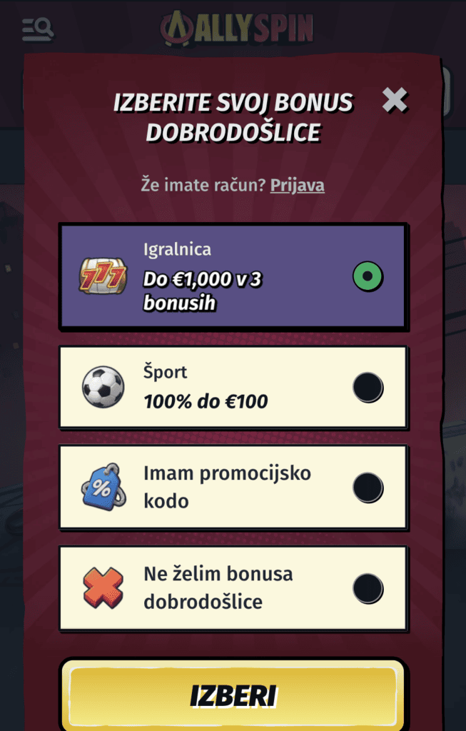 Korak: Izberite svoj bonus dobrodošlice