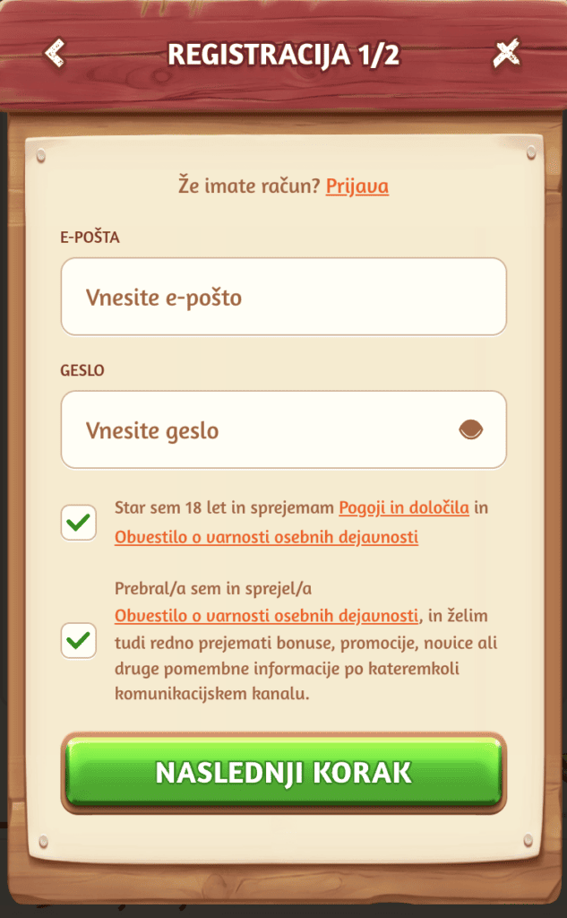 Korak: Uporabniško ime in geslo