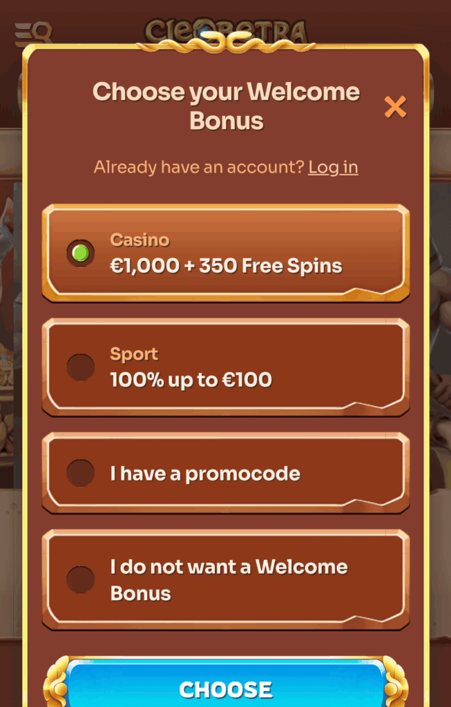 Izberite bonus dobrodošlice